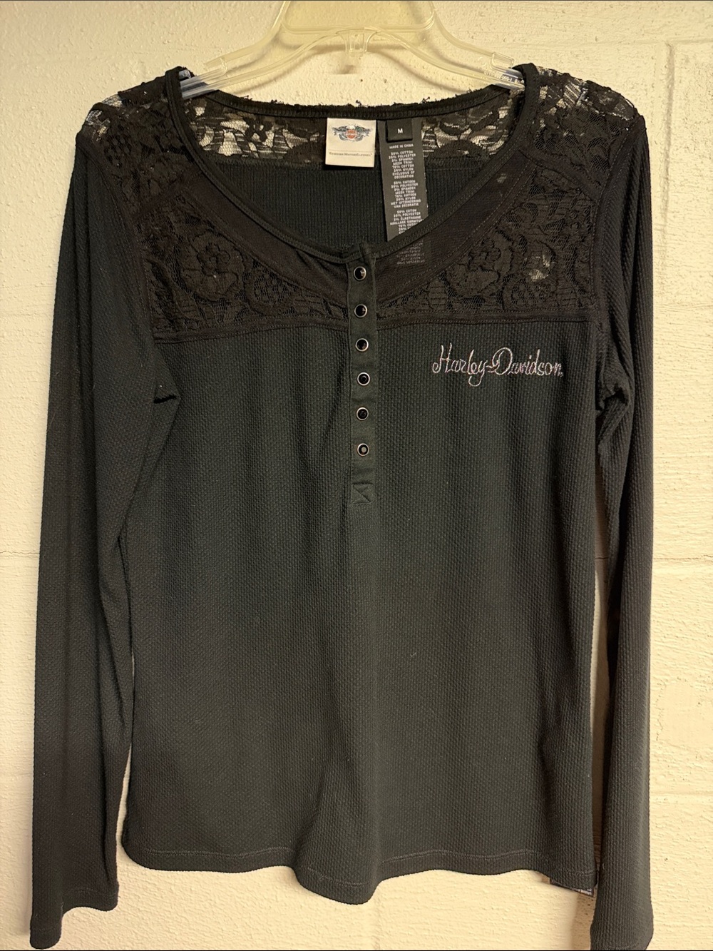 Harley-Davidson Black Lace Long-Sleeve Thermal Henley